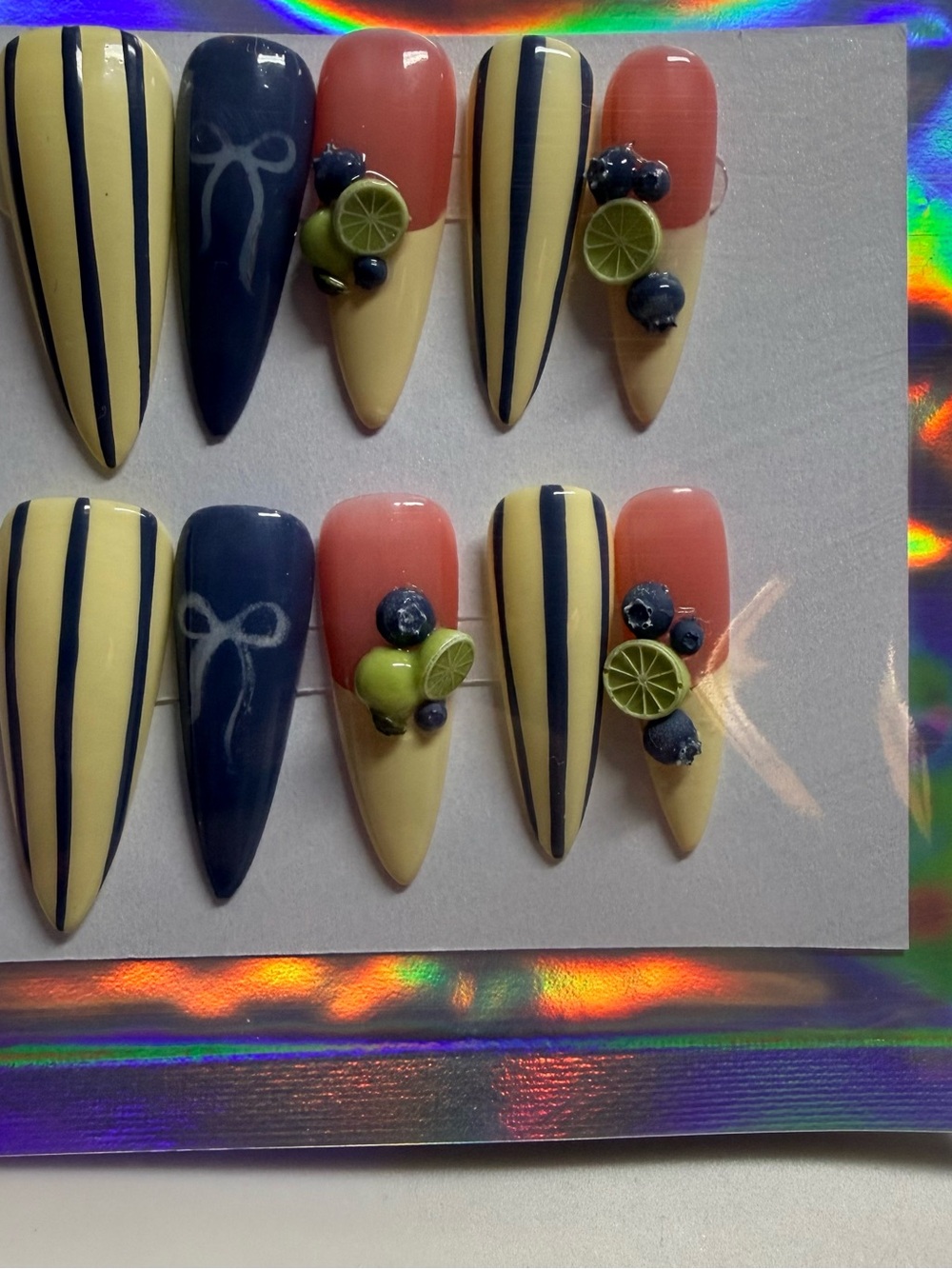 Long Stiletto Citrus Blue Striped  Press-On Nails